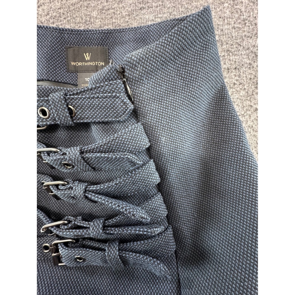 Worthington Navy Blue Buckle Wrap Pencil Skirt Textured Knee Length Womens 10 - Picture 8 of 9